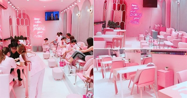 Phong cơ hội design tiệm Nail color hồng xinh xẻo, ngọt ngào