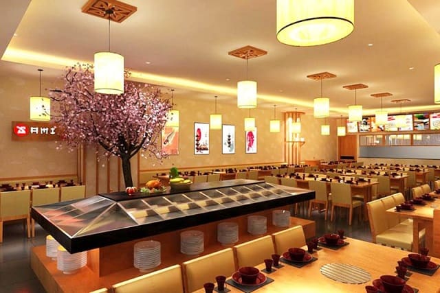 Hệ thống chiếu sáng trong nhà hàng được phân bố đều trên các dãy bàn để mang lại hiệu ứng ánh sáng tốt nhất