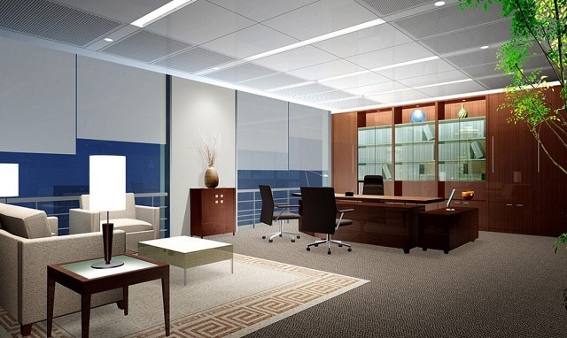 Mẫu thiết kế văn phòng với nội thất bằng gỗ tạo kiểu tinh xảo, bắt mắt