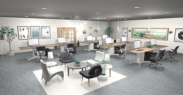 Mẫu nội thất văn phòng thiết kế hiện đại, đơn giản với bộ bàn làm việc và bộ sofa tiếp khách