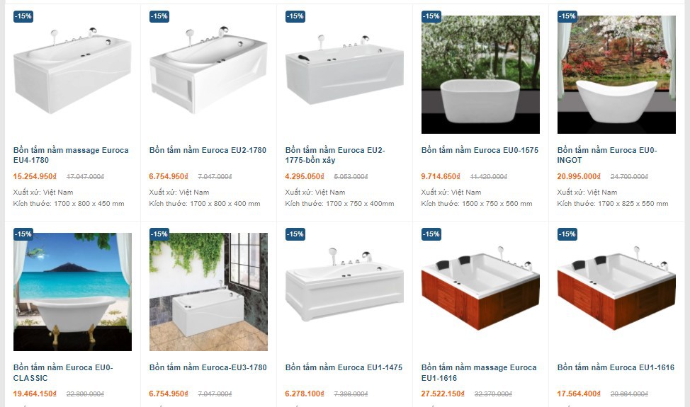 Báo giá một số sản phẩm bồn tắm nằm Euroca